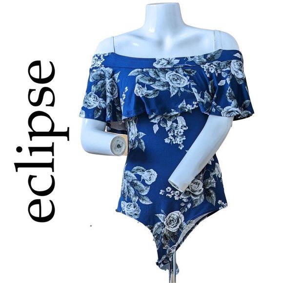 NEW Blue Floral Bodysuit Off-shoulder Ruffle sleeves and front Size Large - Picture 1 of 10